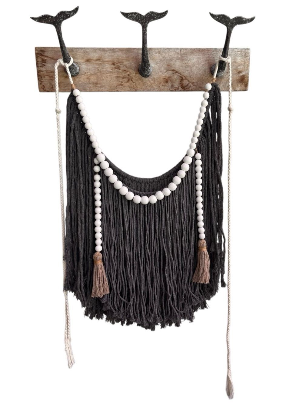 Boho Macrame Wall Hanging Gray Fringe Beaded Tapestry Wall Decor